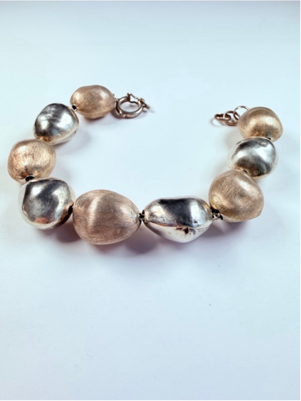 Avant Garde Large Pebble Nugget Polished & Matte Bead Sterling 950 Bracelet - Picture 7 of 12